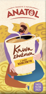 Anatol Kawa zbożowa waniliowa. Ilustracja: postać trzyma kubek parującej bezkofeinowej kawy zbożowej.