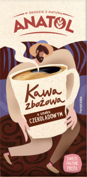 Anatol Kawa zbożowa o smaku czekoladowym, opakowanie z ilustracją człowieka trzymającego kubek kawy.