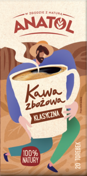 Opakowanie kawy Anatol Klasyczna Zbożowa, ilustracja rolnika z kubkiem, napisy 100% Natury, 20 torebek.