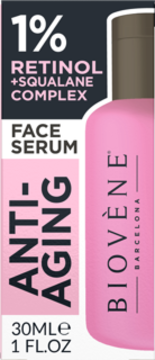 Biovène serum do twarzy 1% Retinol + Squalane, anti-aging, różowo-czarne pudełko, widok z przodu.