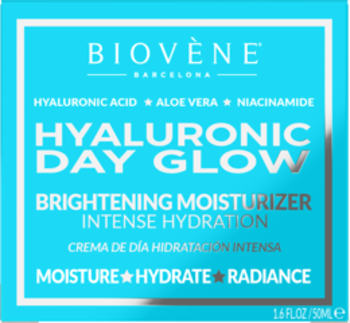 Biovene Hyaluronic Day Glow: jasnoniebieski, kwadratowy rozświetlający krem nawilżający, widok z przodu opakowania.