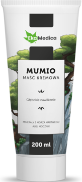 Biała tubka kremu Mumio Eka Medica, front z ilustracją gór i wodospadu, napis 200 ml.