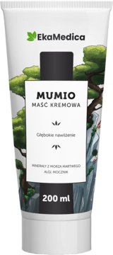 Biała tubka EkaMedica Mumio Maść Kremowa 200 ml, głębokie nawilżenie, z grafiką drzew i skał, widok z przodu.
