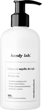 Białe, matowe mydło do rąk Handy Lab White Tea, z prebiotykiem, widok z przodu, czarna pompka dozująca.