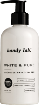 Handy Lab White & Pure odżywcze mydło do rąk, biała butelka z czarną pompką, biała herbata i prebiotyk. Widok z przodu.