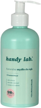 Naturalne mydło do rąk Handy Lab w miętowej butelce z białą pompką, 98% składników naturalnych, widok z przodu.