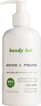 Białe mydło do rąk handy lab MOOD & TOUCH z pompką, 98% składników naturalnych, widok z przodu.