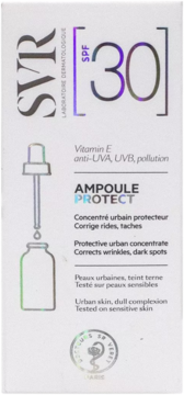 SVR Ampoule Protect serum SPF 30. Białe pudełko z hologramem i pipetą, ochrona UV i na zmarszczki.
