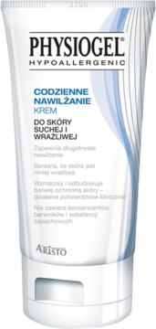 Biała tuba kremu Physiogel Codzienne Nawilżanie do skóry suchej i wrażliwej, widok z przodu, niebieski wzór.