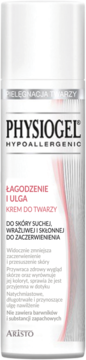 Physiogel Łagodzenie i Ulga krem do twarzy w białej butelce z pompką, do skóry wrażliwej, widok z przodu.