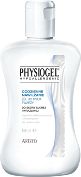 Physiogel Hipoalergiczny Żel do Mycia Twarzy 150ml, do skóry suchej/wrażliwej, przezroczysta butelka, z przodu.
