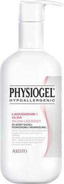 Hipoalergiczny balsam Physiogel Łagodzenie i Ulga w białej butelce z pompką, widok z przodu, dla suchej skóry.