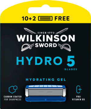 Wilkinson Sword Hydro 5, wkłady 10+2 gratis z żelem nawilżającym i Pro Vitamin B5, widok z przodu.