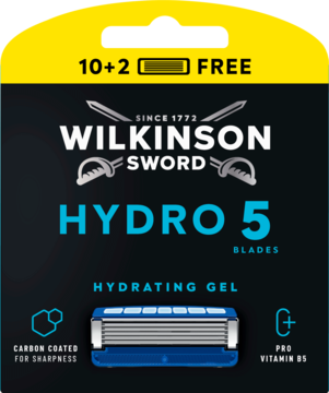 Wilkinson Sword Hydro 5, wkłady 10+2 gratis z żelem nawilżającym i Pro Vitamin B5, widok z przodu.
