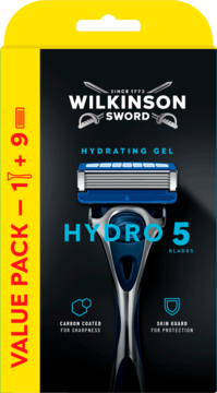 Żółto-czarny zestaw do golenia Wilkinson Sword Hydro 5, zawiera 1 rączkę i 9 ostrzy, widok z przodu.