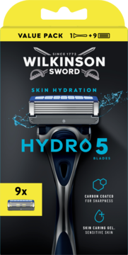 Zestaw Wilkinson Sword Hydro 5 dla skóry wrażliwej, z maszynką i 9 wkładami, w czarno-żółtym opakowaniu.
