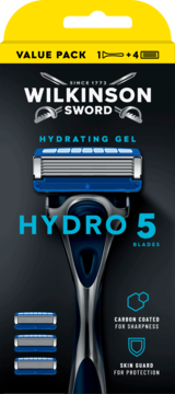 Wilkinson Sword Hydro 5 maszynka do golenia z żelem nawilżającym, w czarno-żółtym opakowaniu, widok z przodu.