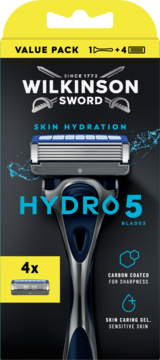 Wilkinson Sword Hydro 5, maszynka i 4 ostrza, front czarno-żółtego value packu, dla skóry wrażliwej.