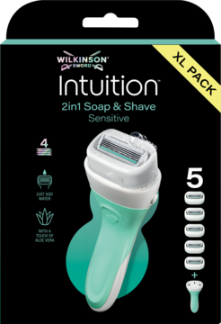 Wilkinson Intuition Sensitive 2w1 maszynka do golenia, czarne opakowanie XL Pack, turkusowa rączka, widok z przodu.