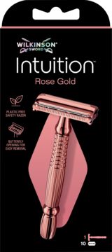 Wilkinson Intuition Rose Gold, bezpieczna metalowa maszynka, plastik-free, z otwarciem motylkowym.