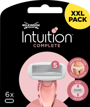Czarne opakowanie Wilkinson Intuition Complete XXL z 6 zapasowymi ostrzami Skin Protect dla kobiet, widok z przodu.