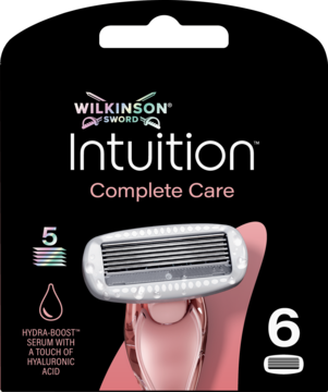 Czarne opakowanie Wilkinson Sword Intuition Complete Care z 6 zapasowymi wkładami do maszynki, 5 ostrzy z serum HA.