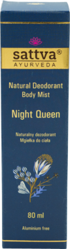 Ciemnoniebieski dezodorant Sattva Ayurveda Night Queen 80 ml z przodu, ze złotymi i białymi napisami.