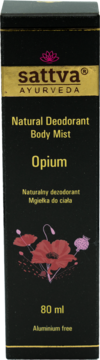 Sattva Ayurveda Natural Deodorant Body Mist Opium 80ml, czarny kartonik z złotym logo i ilustracją czerwonych maków.