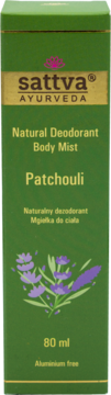 Zielone opakowanie dezodorantu Sattva Ayurveda Patchouli 80ml, bez aluminium, z fioletowymi kwiatami.