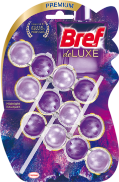 Bref De Luxe Midnight Bouquet PREMIUM, fioletowe zawieszki WC w blistrze z przekreślonymi kulkami, widok z przodu.