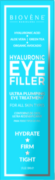 Biovène Hyaluronic Eye Filler w turkusowym opakowaniu, widok z przodu. Nawilżający krem pod oczy z kwasem hialuronowym.