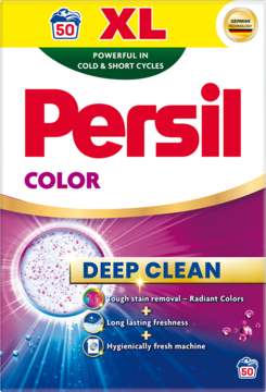 Front opakowania Persil Color Deep Clean proszku do prania, biało-różowe, z logo, „50 XL” i hasłem Deep Clean.