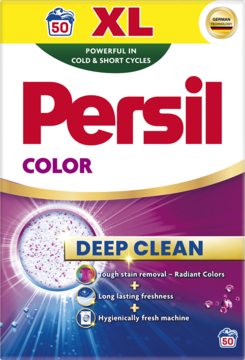 Persil COLOR Deep Clean, proszek do prania XL na 50 prań, fioletowo-złote opakowanie, widok z przodu.