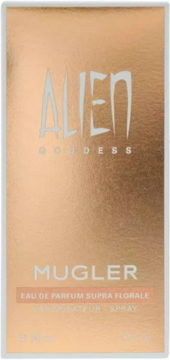 Mugler Alien Goddess Supra Florale woda perfumowana w błyszczącym, miedzianym opakowaniu, widok z przodu.