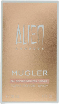 Różowozłote pudełko perfum Alien Goddess Supra Florale Mugler, widok z przodu, błyszczące wykończenie z napisem.
