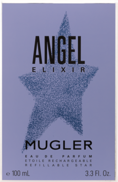 Mugler Angel Elixir perfumy, fioletowe opakowanie z niebieską gwiazdą, widok z przodu, pojemność 100ml.