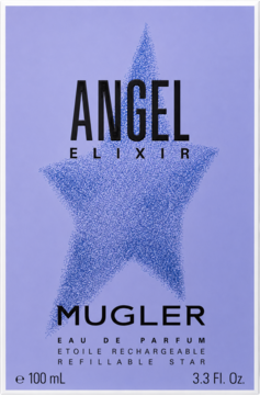 Angel Elixir Mugler EDP, liliowe opakowanie z dużą, błyszczącą, granatową gwiazdą i czarnymi napisami.