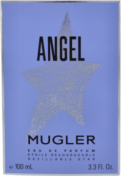 Widok z przodu. Jasnofioletowe pudełko Angel Mugler EDP 100ml z błyszczącą, srebrną gwiazdą i czarnym napisem.