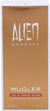 Złote, prostokątne opakowanie perfum Mugler Alien Goddess Intense, z jasnym napisem Alien Goddess, widok z przodu.
