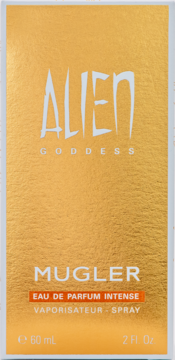 Złote opakowanie perfum Alien Goddess Intense Mugler 60 ml, widok z przodu, z białym napisem.
