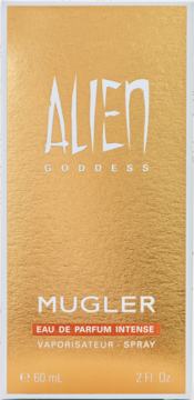 Złote pudełko perfum Mugler Alien Goddess Eau de Parfum Intense 60ml, z białymi napisami, przód.