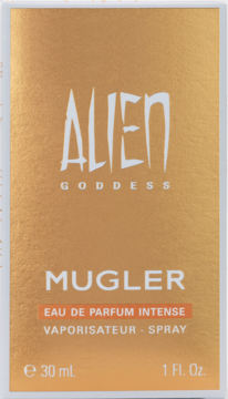 Złote, połyskujące pudełko perfum Mugler Alien Goddess Intense 30 ml, widok z przodu.