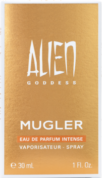 Złoto-brązowe opakowanie Mugler Alien Goddess Intense Eau de Parfum 30ml, widok z przodu, błyszczące.