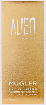 Złote opakowanie perfum Alien Goddess Mugler 90 ml, do wielokrotnego napełniania, widok z przodu.