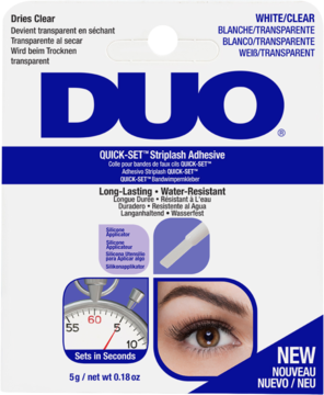 Klej do rzęs Duo Quick-Set Striplash Adhesive, biało-niebieskie, przezroczysty, widok z przodu z zegarem.