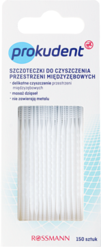 Prokudent szczoteczki międzyzębowe, 150 sztuk, białe opakowanie z niebieskim logo, widok z przodu, bez metalu.