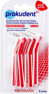 Prokudent szczoteczki międzyzębowe kątowe 2.5mm, 6 sztuk czerwono-białych w blistrze, widok z przodu.