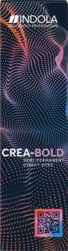 Indola Crea-bold semi-permanent hair dye vertical banner with swirling pink-blue dots, 'CREA-BOLD' text and QR code.