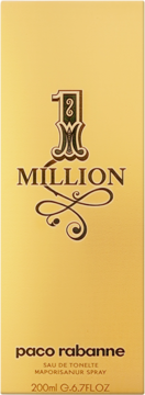 Złote opakowanie wody toaletowej Paco Rabanne 1 Million, widok z przodu, z napisem '1 MILLION'.