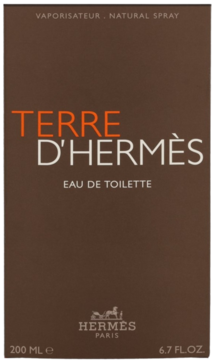 Terre d'Hermès Eau de Toilette 200 ml w brązowym opakowaniu, widok z przodu, z pomarańczowo-białym napisem.